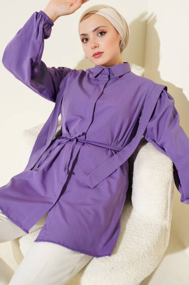 İp Kuşaklı Omuz Pelerinli Gömlek Mor - Gömlek