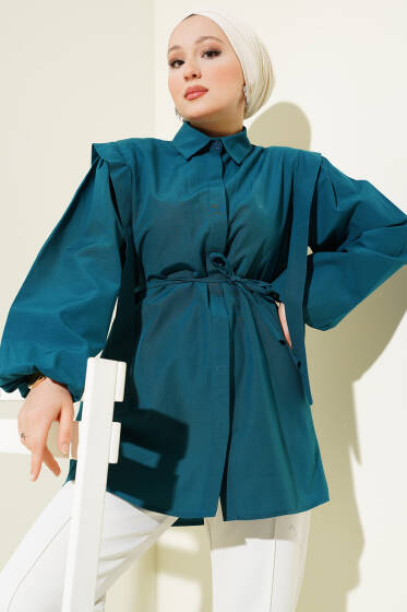 İp Kuşaklı Omuz Pelerinli Gömlek Petrol - Gömlek