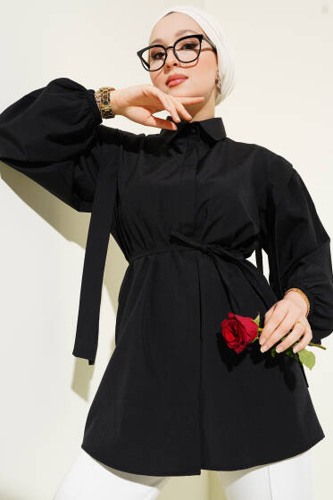 İp Kuşaklı Omuz Pelerinli Gömlek Siyah - Gömlek