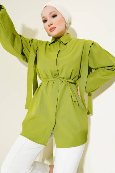 İp Kuşaklı Omuz Pelerinli Gömlek Yeşil - Gömlek