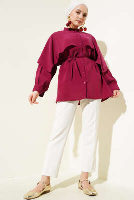 İp Kuşaklı Omuz Pelerinli Tencel Gömlek Bordo - 700-1000 TL Ürünler