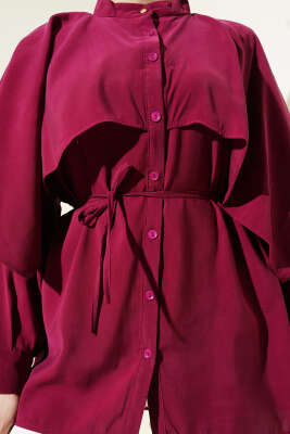 İp Kuşaklı Omuz Pelerinli Tencel Gömlek Bordo - 700-1000 TL Ürünler