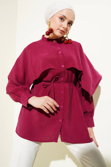 İp Kuşaklı Omuz Pelerinli Tencel Gömlek Bordo - Gömlek