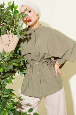 İp Kuşaklı Omuz Pelerinli Tencel Gömlek Haki - VAV TEKSTİL