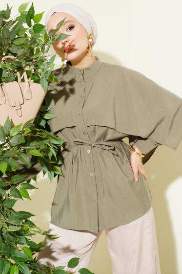 İp Kuşaklı Omuz Pelerinli Tencel Gömlek Haki - Gömlek