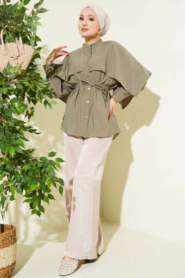 İp Kuşaklı Omuz Pelerinli Tencel Gömlek Haki - Gömlek