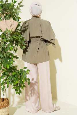 İp Kuşaklı Omuz Pelerinli Tencel Gömlek Haki - Gömlek