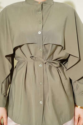 İp Kuşaklı Omuz Pelerinli Tencel Gömlek Haki - Gömlek