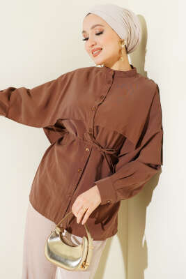 İp Kuşaklı Omuz Pelerinli Tencel Gömlek Kahve - VAV TEKSTİL
