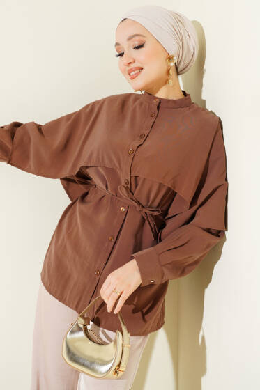 İp Kuşaklı Omuz Pelerinli Tencel Gömlek Kahve - Gömlek