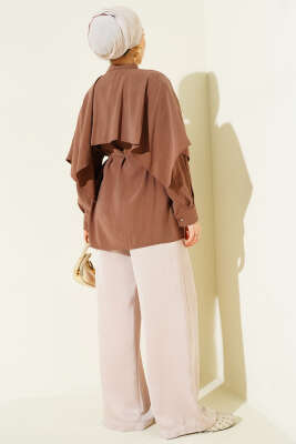 İp Kuşaklı Omuz Pelerinli Tencel Gömlek Kahve - Gömlek