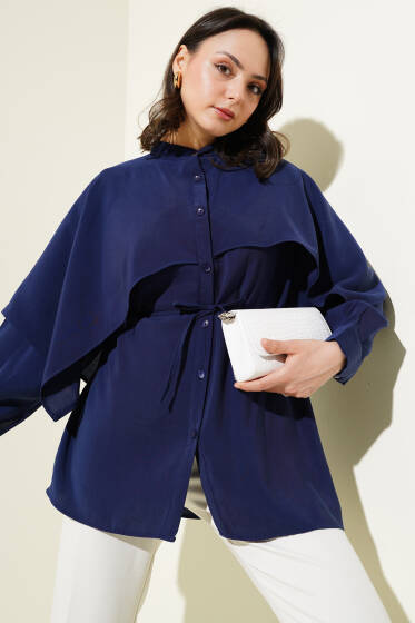 İp Kuşaklı Omuz Pelerinli Tencel Gömlek Lacivert - Gömlek