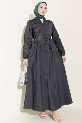 İp Kuşaklı Önü Pileli Kot Elbise İndigo - MUSTİ