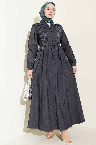 İp Kuşaklı Önü Pileli Kot Elbise İndigo - Elbise