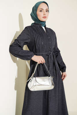 İp Kuşaklı Önü Pileli Kot Elbise İndigo - Elbise