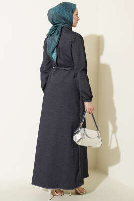 İp Kuşaklı Önü Pileli Kot Elbise İndigo - Elbise