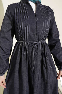 İp Kuşaklı Önü Pileli Kot Elbise İndigo - Elbise