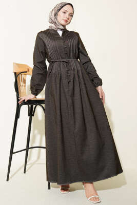 İp Kuşaklı Önü Pileli Kot Elbise Kahve - MUSTİ