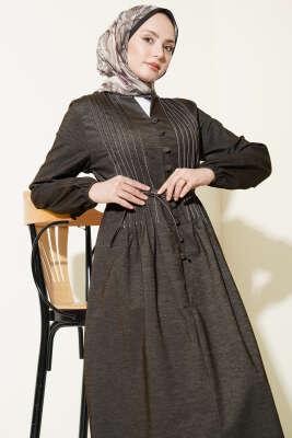 İp Kuşaklı Önü Pileli Kot Elbise Kahve - Elbise