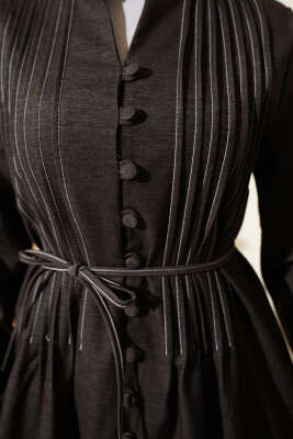 İp Kuşaklı Önü Pileli Kot Elbise Kahve - Elbise