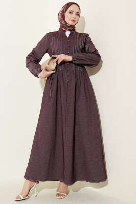İp Kuşaklı Önü Pileli Kot Elbise Mürdüm - MUSTİ