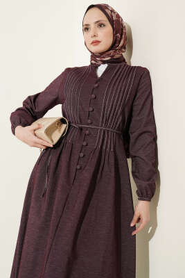 İp Kuşaklı Önü Pileli Kot Elbise Mürdüm - Elbise