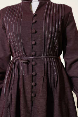 İp Kuşaklı Önü Pileli Kot Elbise Mürdüm - Elbise