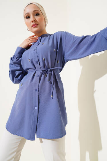 İp Kuşaklı Taşlı Gömlek İndigo - Gömlek