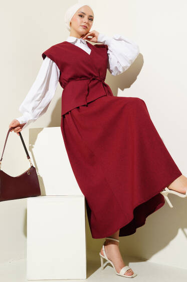 İp Kuşaklı Yelekli Etekli Takım Bordo - İkili Takım