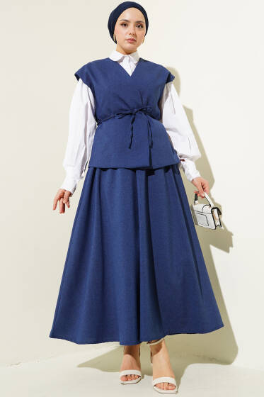 İp Kuşaklı Yelekli Etekli Takım Lacivert - İkili Takım