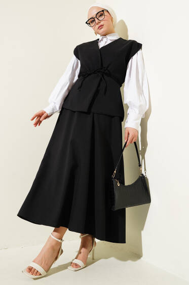 İp Kuşaklı Yelekli Etekli Takım Siyah - İkili Takım