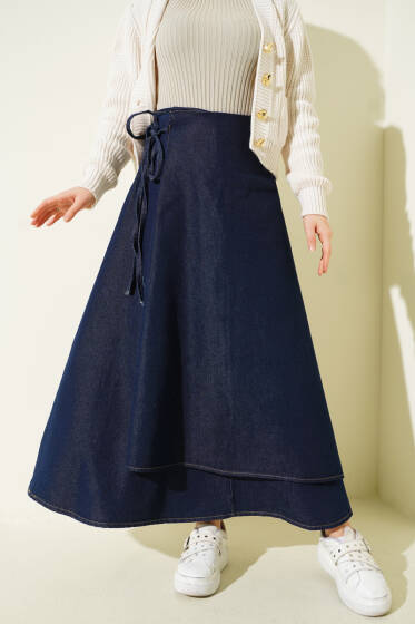 İp Yan Bağlamalı Kot Etek Lacivert - Etek