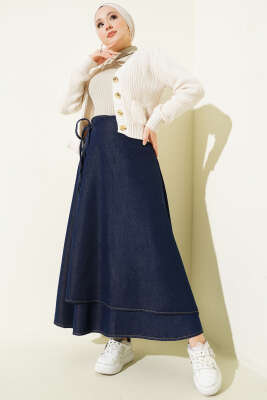 İp Yan Bağlamalı Kot Etek Lacivert - Etek