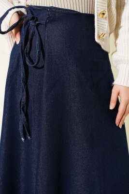 İp Yan Bağlamalı Kot Etek Lacivert - Etek