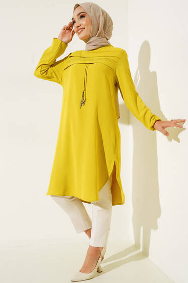 İpi Aksesuar Detaylı Uzun Tunik Neon Yeşili - Tunik