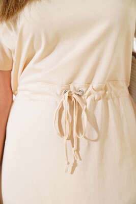 İpli Kısa Kol Elbise Bej - Kadın Giyim Modelleri