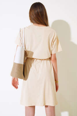 İpli Kısa Kol Elbise Bej - Kadın Giyim Modelleri