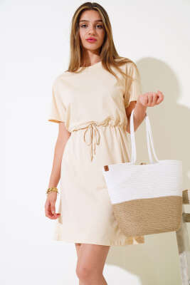 İpli Kısa Kol Elbise Bej - Kadın Giyim Modelleri