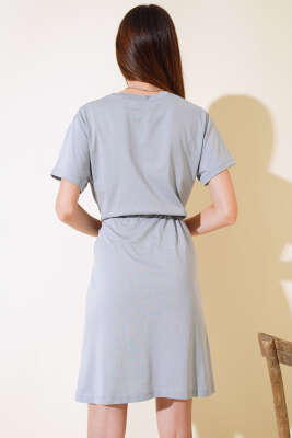 İpli Kısa Kol Elbise Gri - Kadın Giyim Modelleri