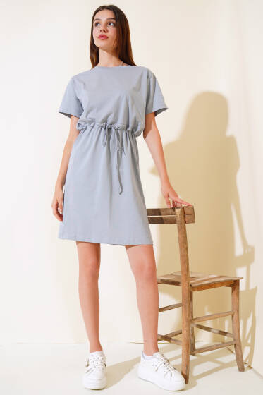 İpli Kısa Kol Elbise Gri - Yeni Giyim