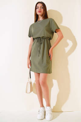 İpli Kısa Kol Elbise Haki - Kadın Giyim Modelleri