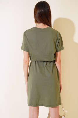 İpli Kısa Kol Elbise Haki - Kadın Giyim Modelleri