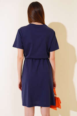 İpli Kısa Kol Elbise Lacivert - Kadın Giyim Modelleri