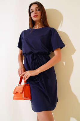 İpli Kısa Kol Elbise Lacivert - Kadın Giyim Modelleri