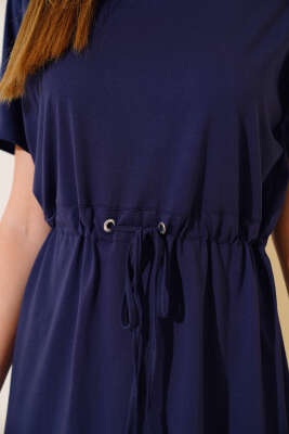 İpli Kısa Kol Elbise Lacivert - Kadın Giyim Modelleri