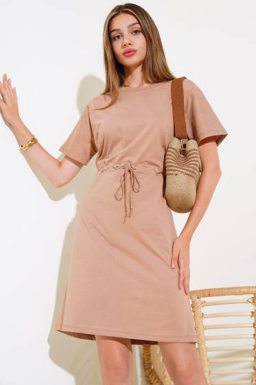 İpli Kısa Kol Elbise Latte - Kadın Giyim Modelleri