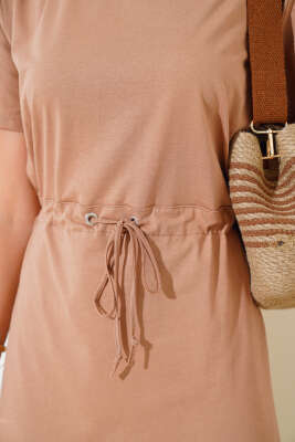 İpli Kısa Kol Elbise Latte - Kadın Giyim Modelleri