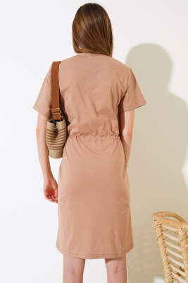 İpli Kısa Kol Elbise Latte - Kadın Giyim Modelleri