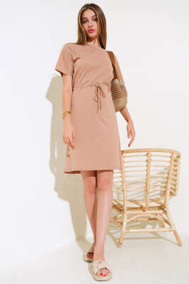 İpli Kısa Kol Elbise Latte - Kadın Giyim Modelleri