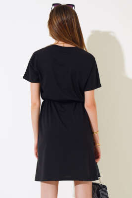 İpli Kısa Kol Elbise Siyah - Kadın Giyim Modelleri